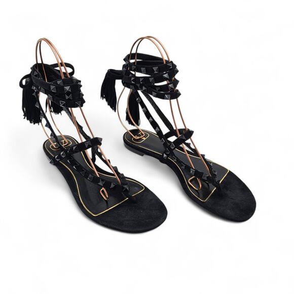 Valentino Garavani Shoes - Valentino Garavani Rockstud Gladiator Flat Sandal Black Suede Size 37.5 US 7.5